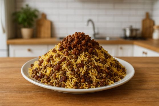 عدس پلو با گوشت چرخ شده (غذای روز)